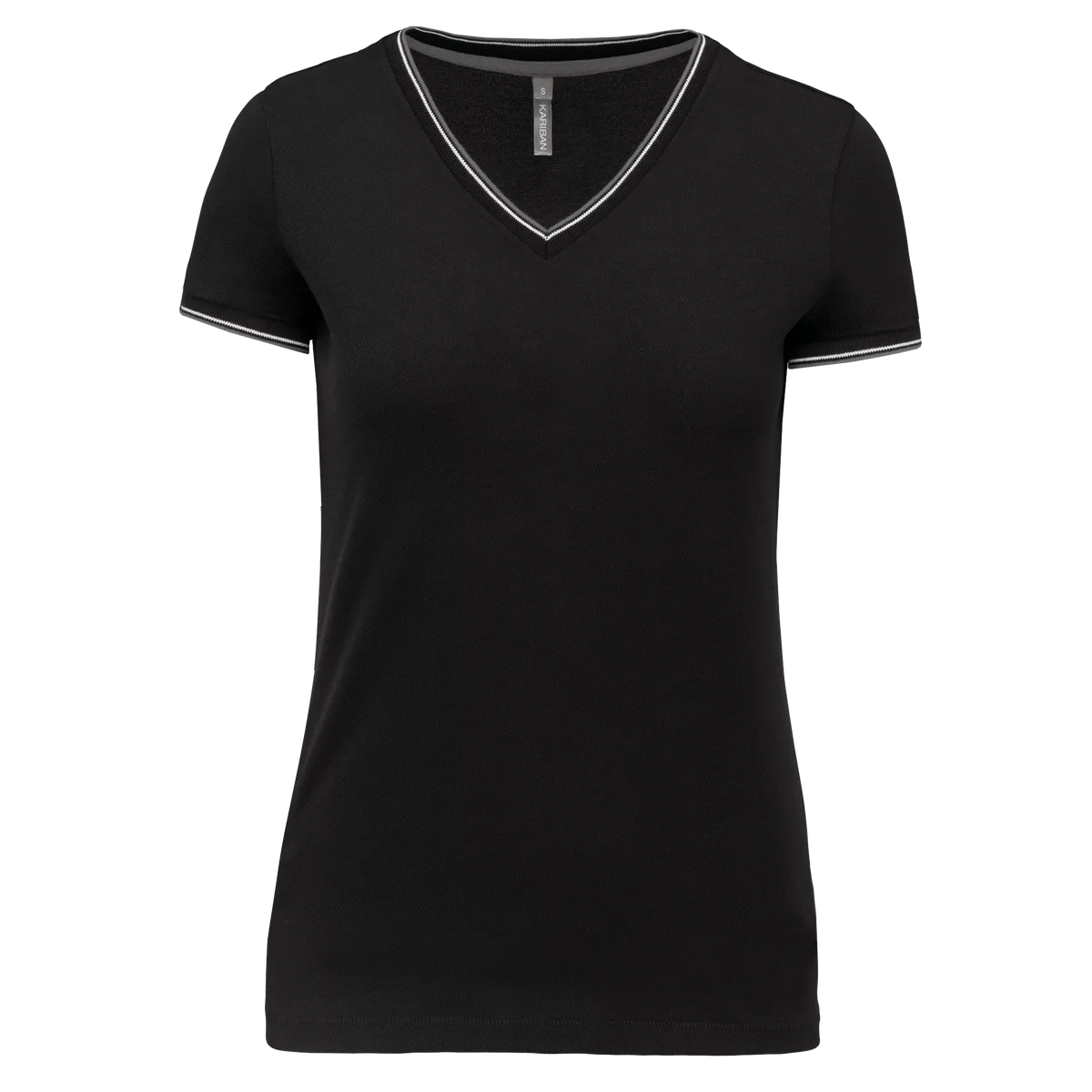 Dames-T-shirt piqué V-hals Black / Light Grey / White