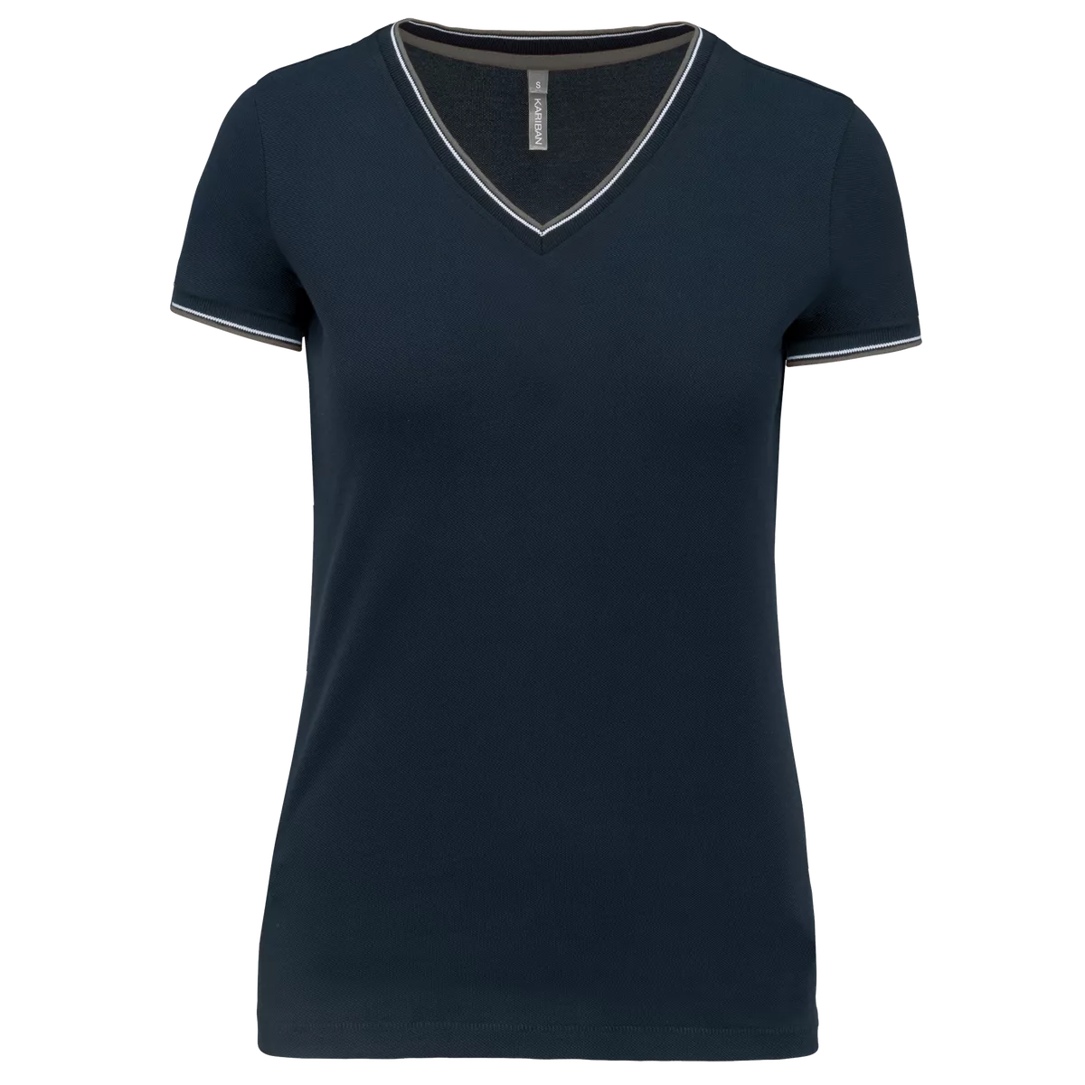 Dames-T-shirt piqué V-hals Navy / Light Grey / White