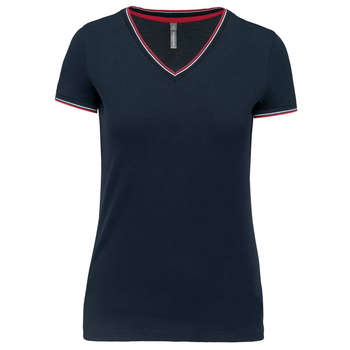 Dames-T-shirt piqué V-hals Navy / Red / White