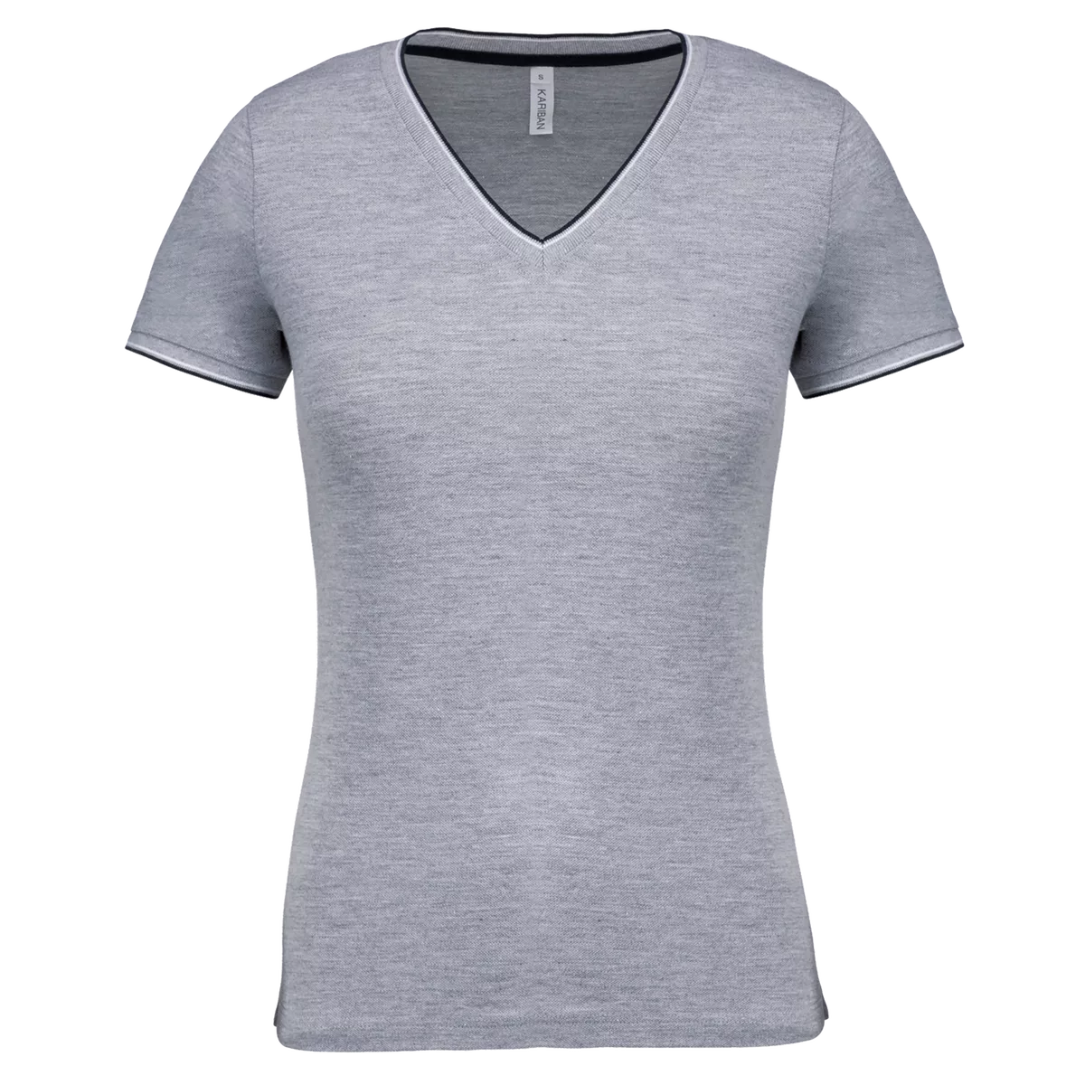 Dames-T-shirt piqué V-hals Oxford Grey / Navy / White
