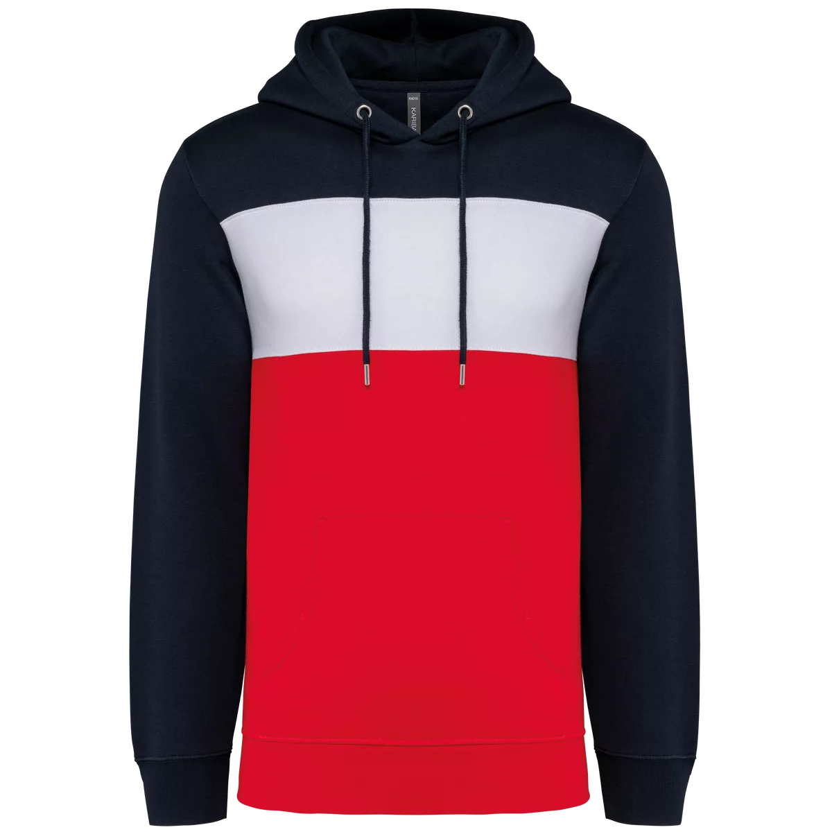 Driekleurige unisex sweater met capuchon Navy / White / Red