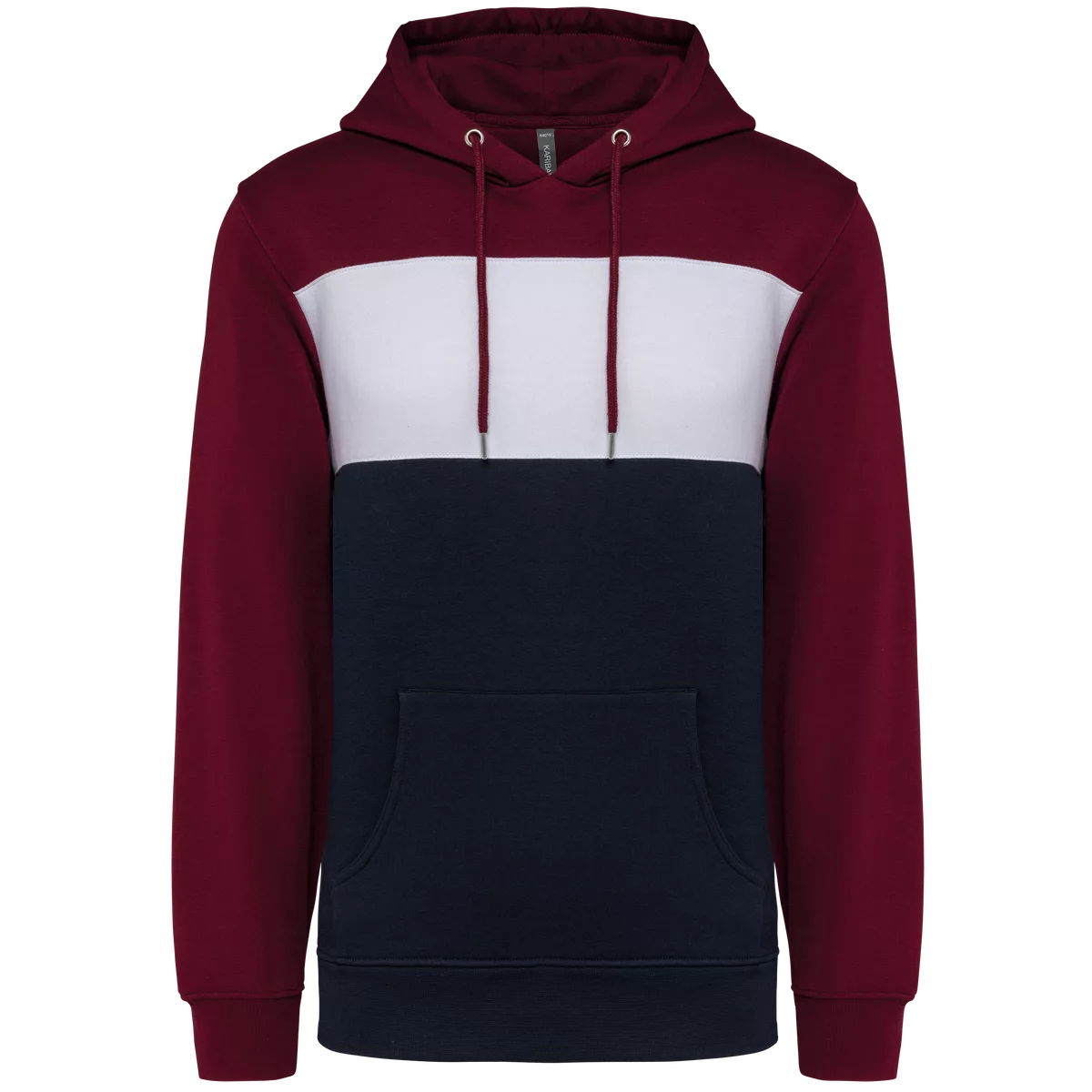 Driekleurige unisex sweater met capuchon Wine / White / Navy