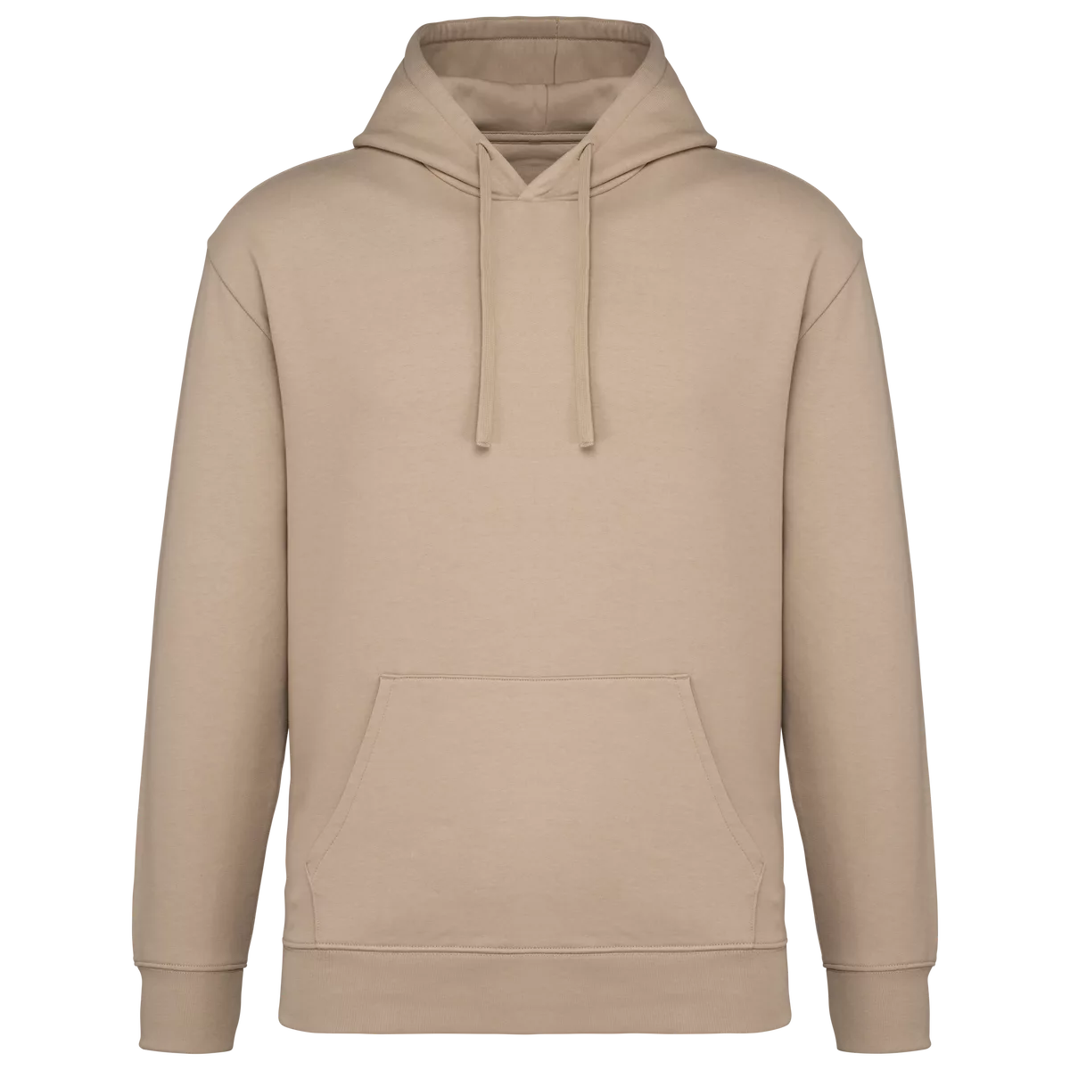 Ecologische uniseks sweater met capuchon en verlaagde schouders in geborsteld fleece Wet Sand