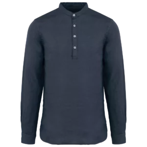 Verwassen linnen herenoverhemd met maokraag Washed Navy Blue