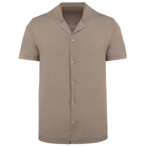 Ecologisch verwassen herenoverhemd met korte mouwen en bowlingkraag in jersey Washed Cream Coffee