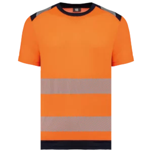 Gerecycled veiligheids-T-shirt ronde hals korte mouwen unisex Hi Viz Orange / Navy