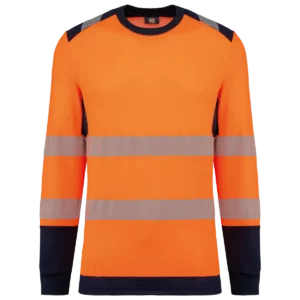 Gerecycled veiligheids-T-shirt lange mouwen Hi Viz Orange / Navy